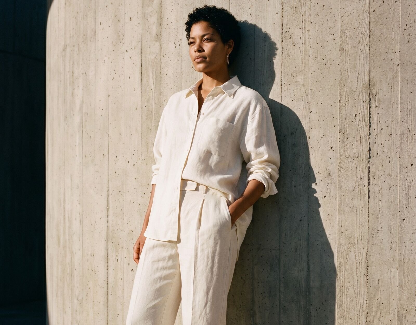 MARESIA campaign frame: the model in linen against concrete, warm afternoon light