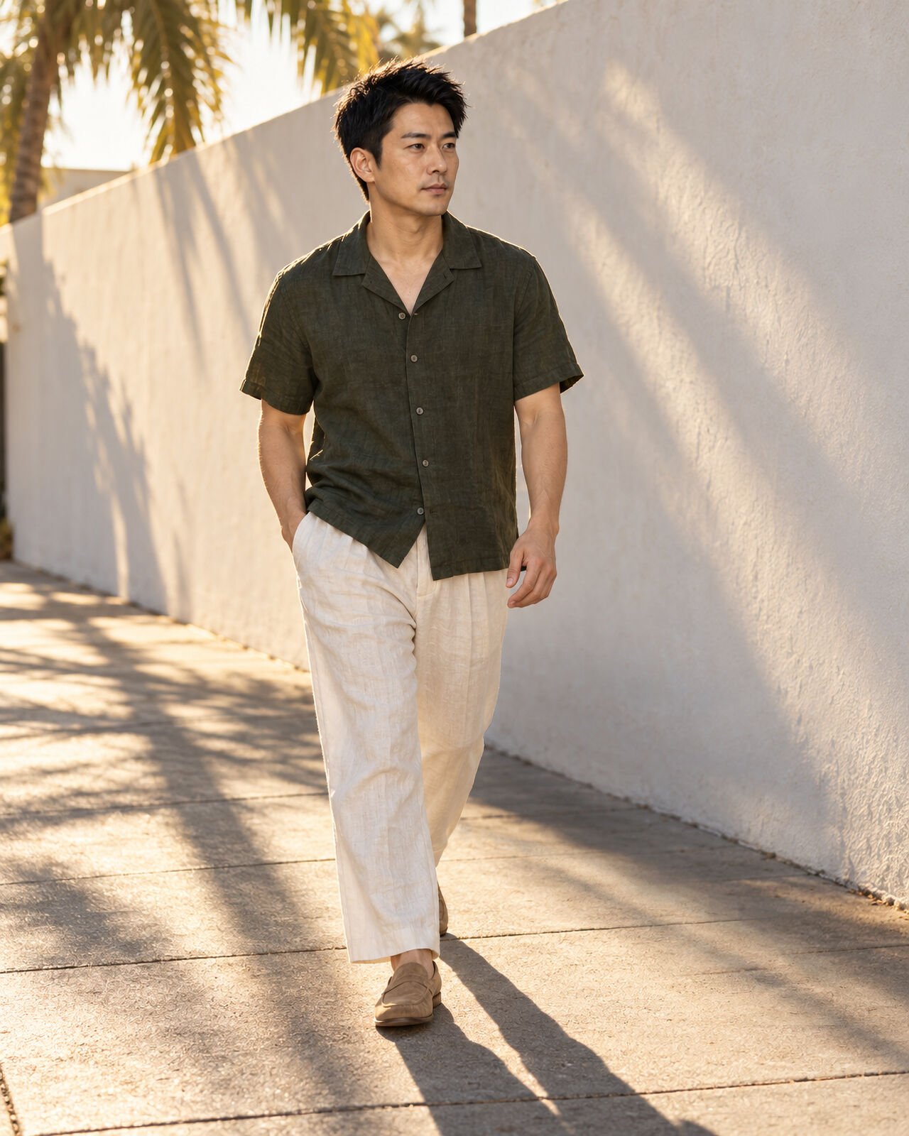 A man in an olive short-sleeve shirt and cream trousers walking past a white wall and palm shadows