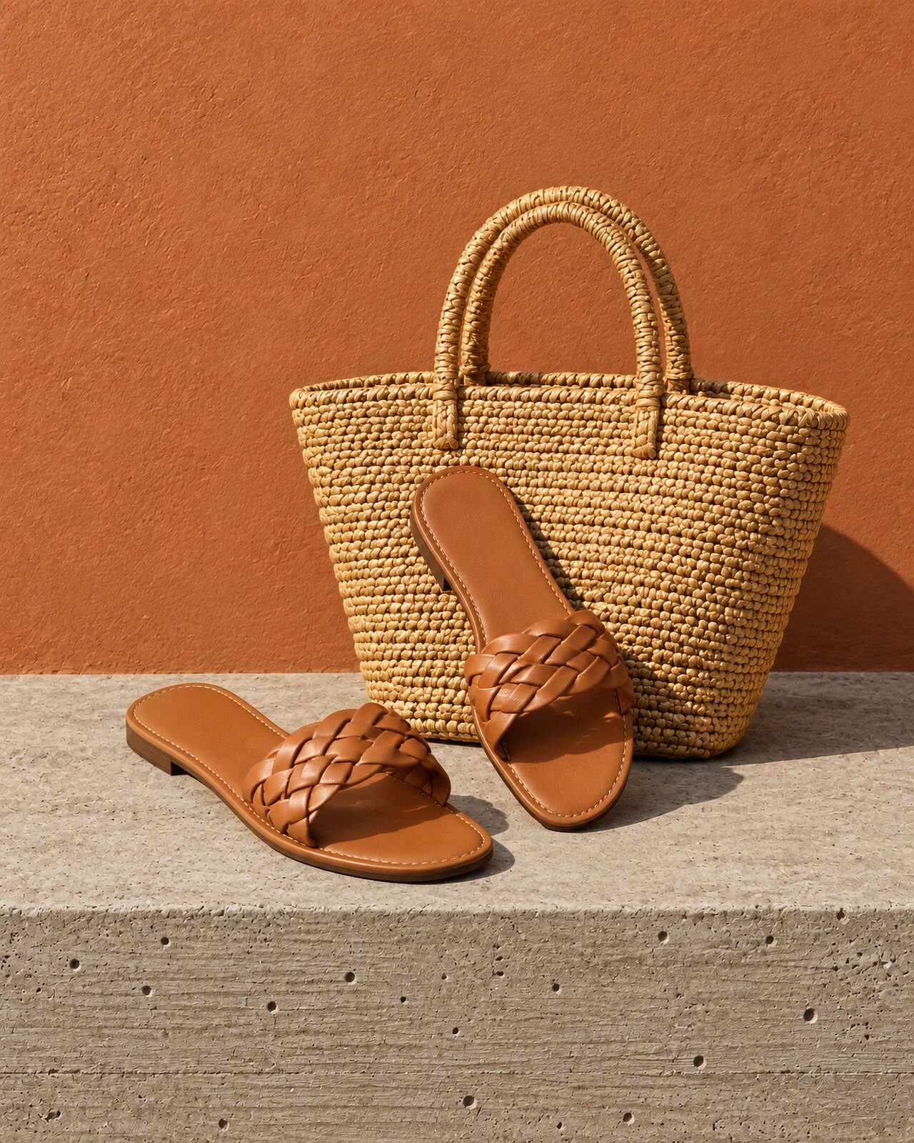 A straw tote and woven leather sandals on a concrete block against a terracotta wall