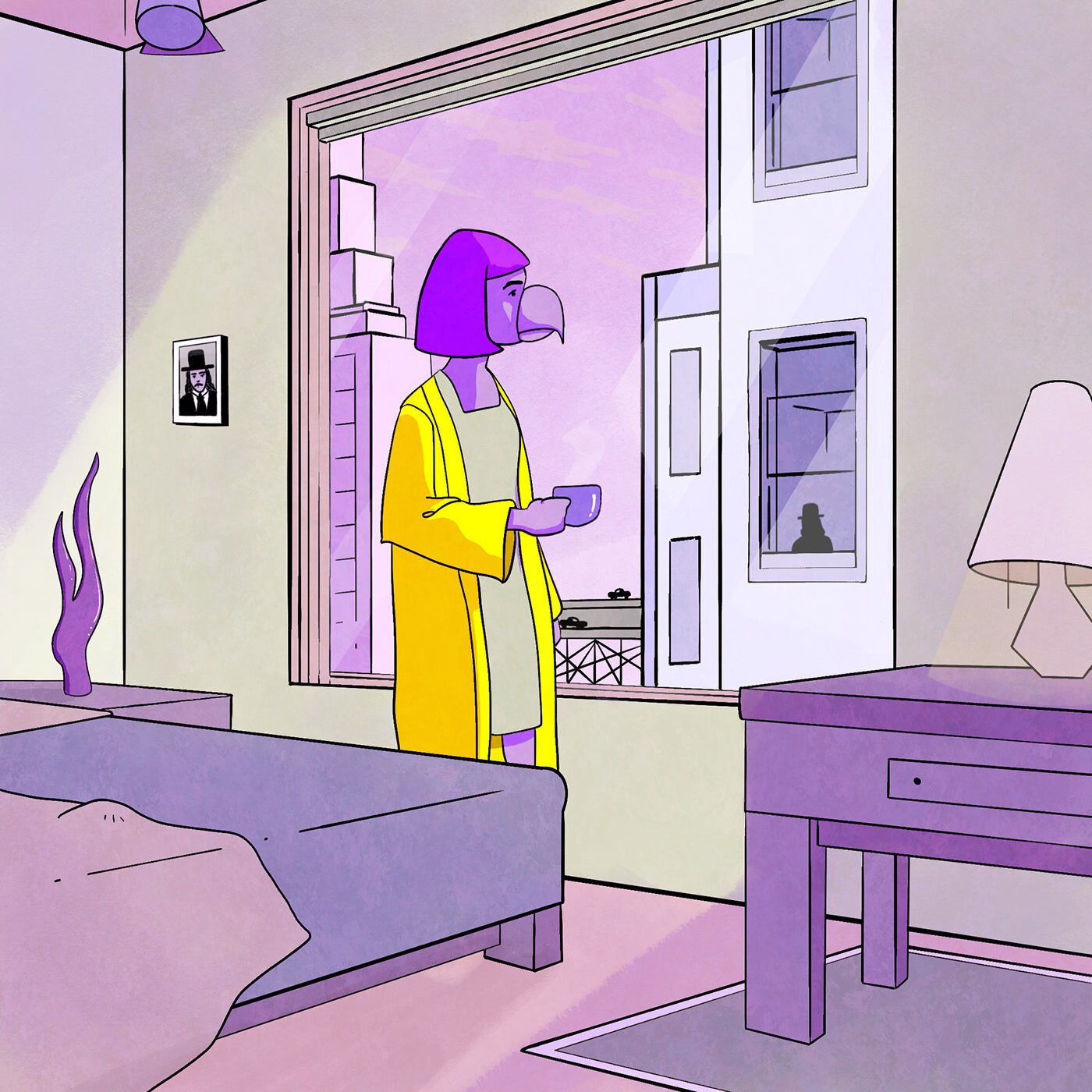 Illustration from O Silêncio Canta: a figure in a yellow coat by a window in a violet room